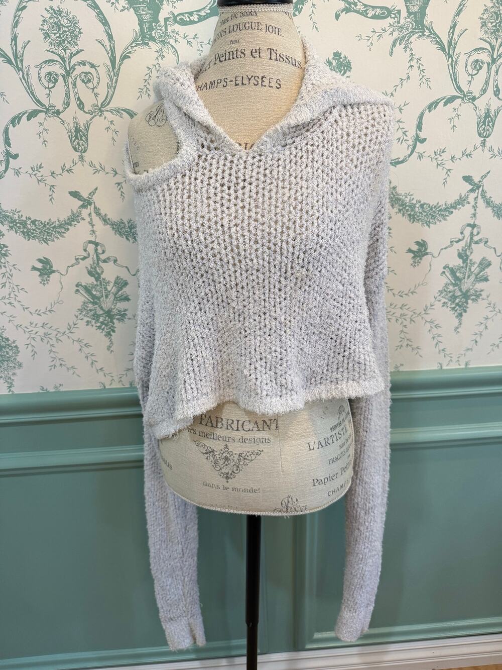 Y2K E-Girl Open Knit Cold Shoulder Cropped Hoodie Sweater Light Blue - Sz S / M